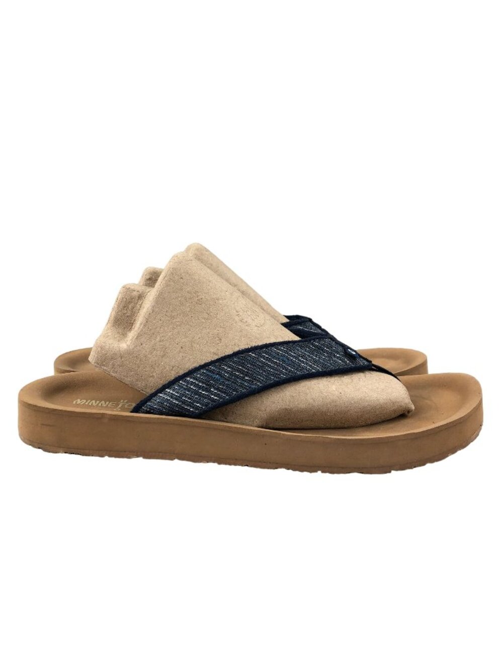 Minnetonka Women's Size 7 Hedy Blue Textile Open Toe Slip On Flip Flop Sandals